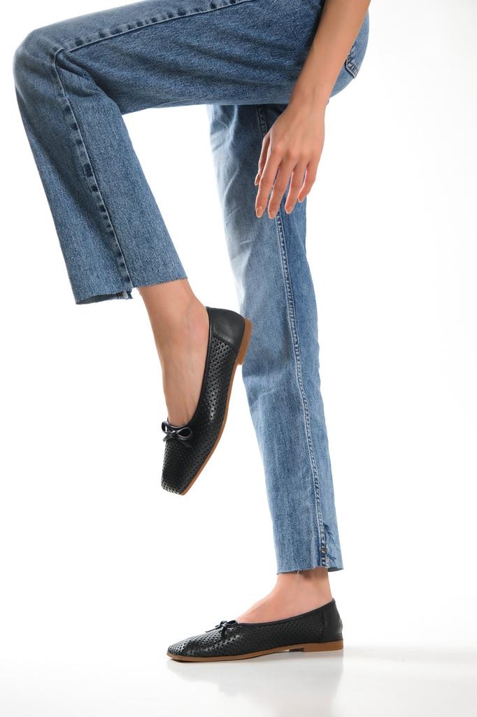 Women's Flat Shoes Black Genuine Leather Ballerina Flats with Bow Detail Casual Shoes