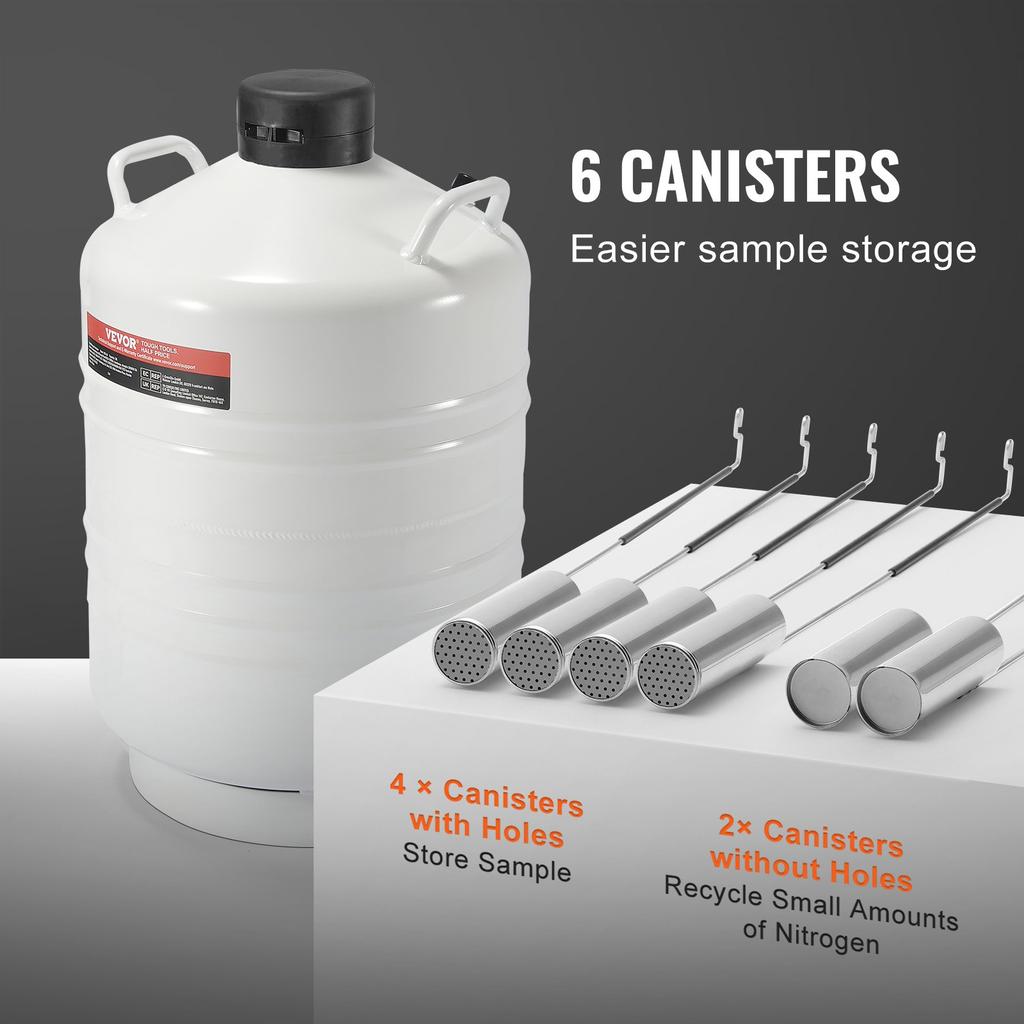 VEVOR Liquid Nitrogen Tank, 30 L Aluminum Alloy Liquid Nitrogen Container, LN2 Tank Dewar with 6 Canisters and Carry Bag with Straps