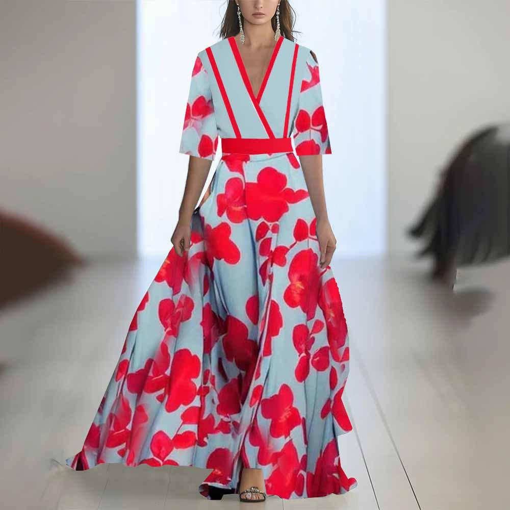 Floral Print V-Neck Midi Dress with Belt, Elegant Boho Style Women's Dress