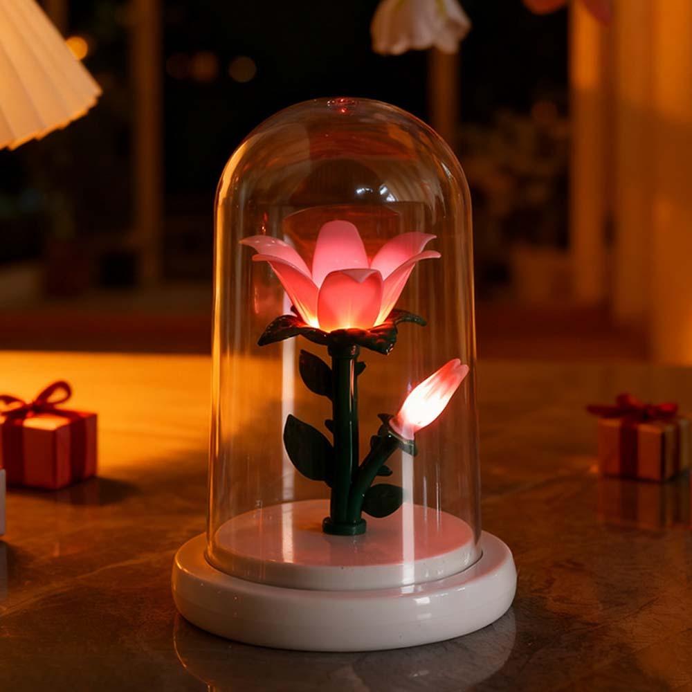 Pink Flower Table Lamp Plastic Potted Plant Atmosphere Night Light Building Block Style Eternal Flower Lamp Ornament