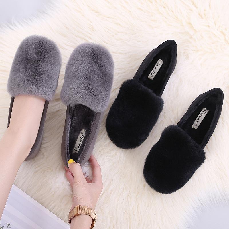 Modne Buty Damskie Królicze Futro Duży Rozmiar 34-43 2025 Zima Sneakersy Ciepłe Płaskie Pluszowe Bawełniane Mokasyny z Futrem Botki Femmes Sukienka Mokasyny
