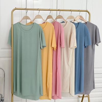 Damska letnia sukienka wokół szyi luźna jednokolorowa z krótkim rękawem lodowy jedwab odzież codzienna Homewear piżama do kolan koszula nocna