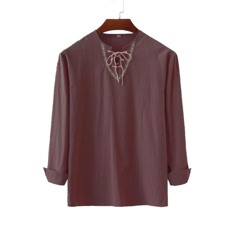 New Men's Loose Solid Color Drawstring Long Sleeve Shirt Cotton Hemp Collar Men's Shirt