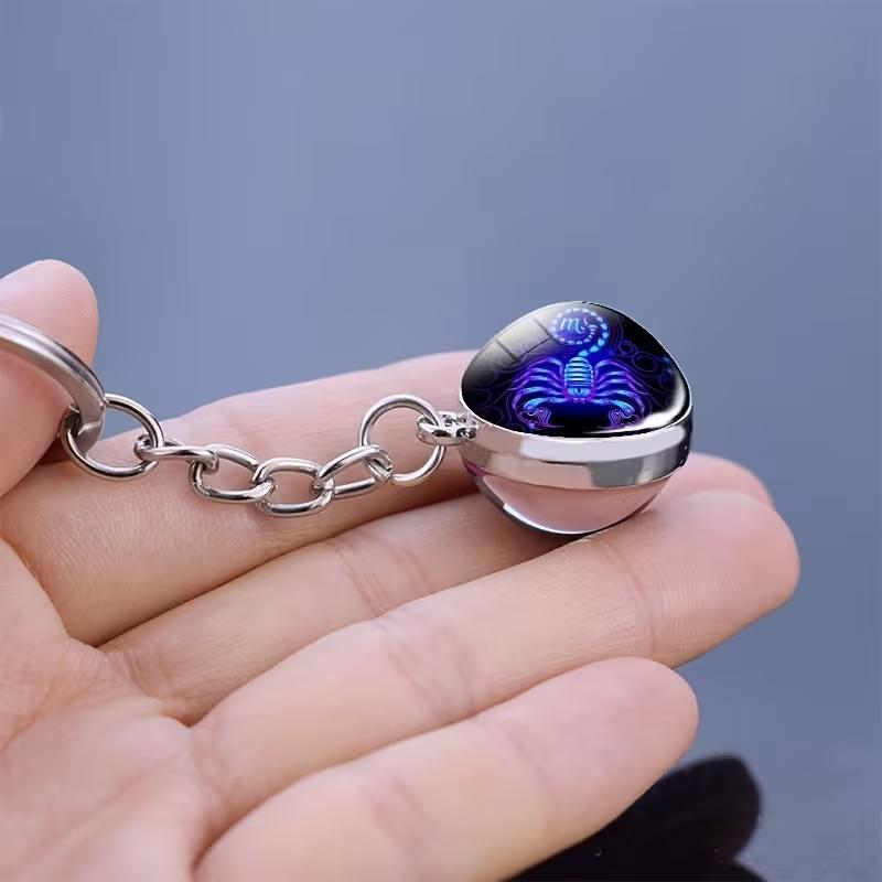 Luminous 12 Constellations Keychain Double-Sided Glass Ball Zodiac Pendant Key Ring