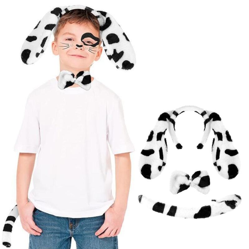 3pcs Cartoon Plush Spotted Dog Ear Shape Headband & Tail & Bowtie Costume Set for Easter Party Carnival Funny Dress