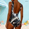 Women Plus Size High Round Neck Sleeveless One Piece Geometric Printed Swimsuit