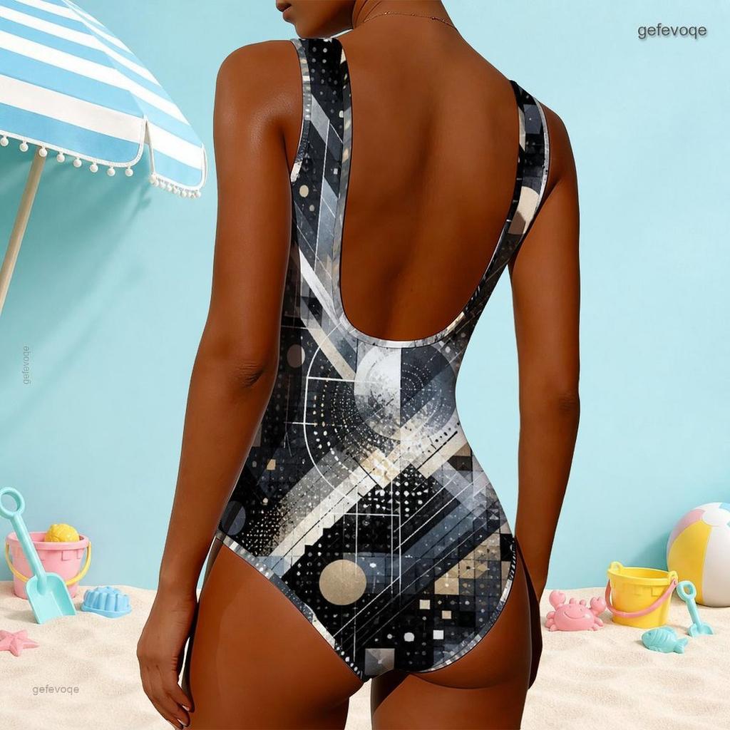 Women Plus Size High Round Neck Sleeveless One Piece Geometric Printed Swimsuit