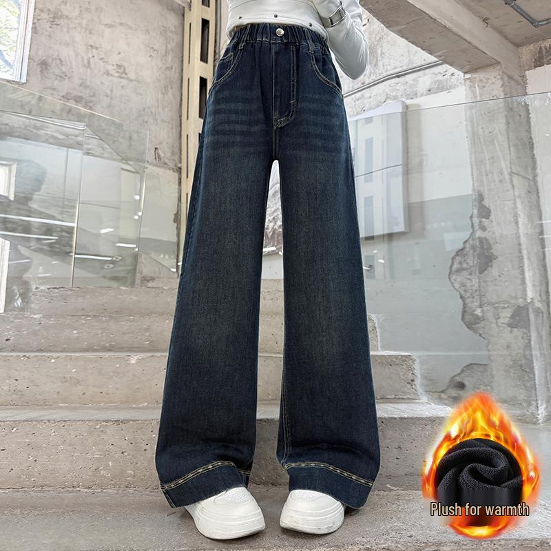 

2025 Зимние джинсы широкого кроя на флисовой подкладке для девочек - Толстые, повседневные длинные брюки для детей среднего и старшего возраста 160 cm
