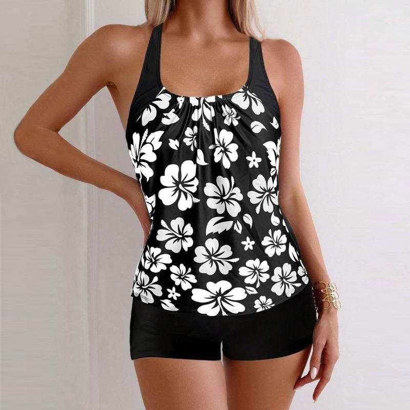 New Split Swimsuit Women's Printed Boxer Shorts Set with High Waisted Print