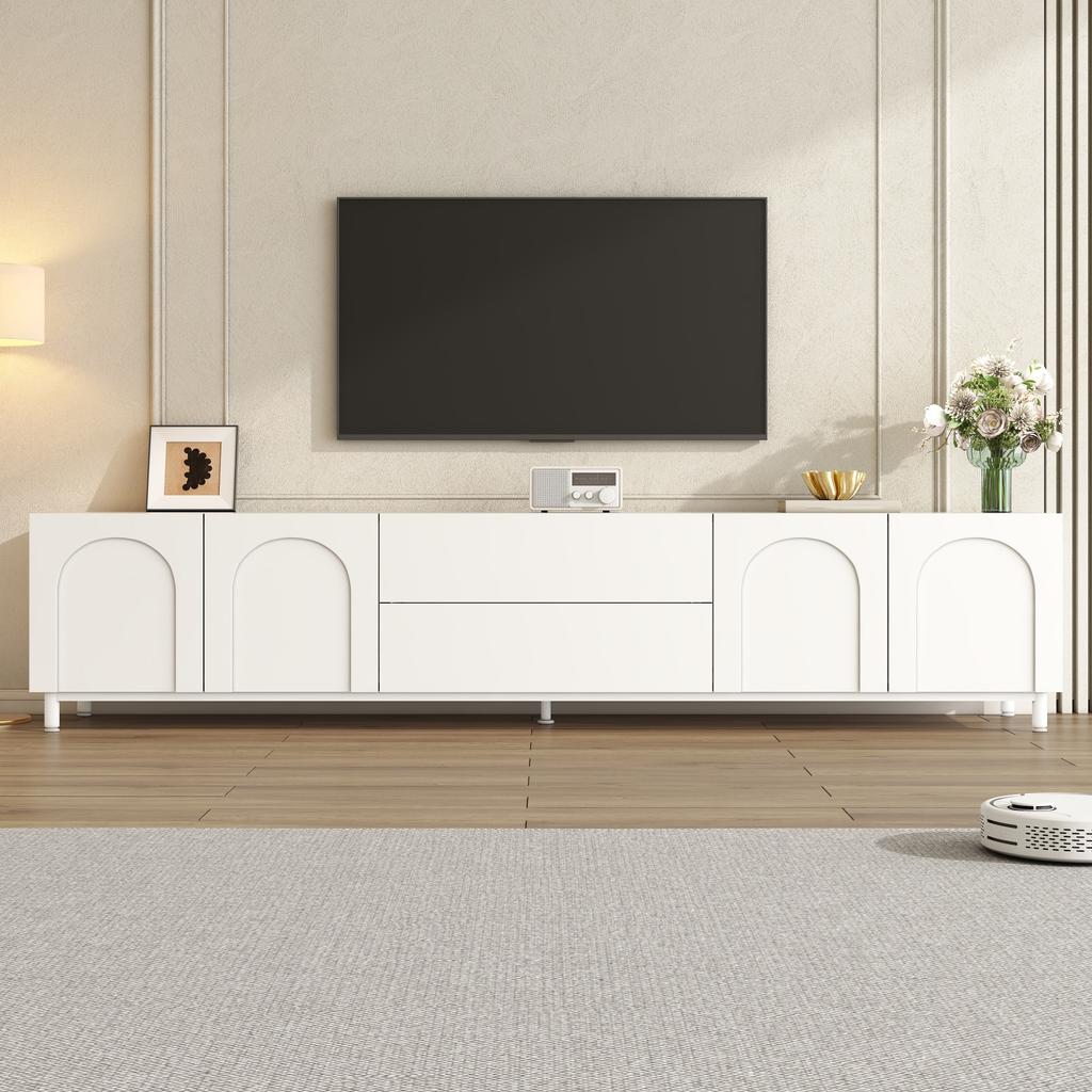 TV Cabinet with Four Doors and Two Drawers, Cabinet made of Chipboard + MDF, Steel Tube Feet, Modern Living Room Storage Cabinet with Arched Doors