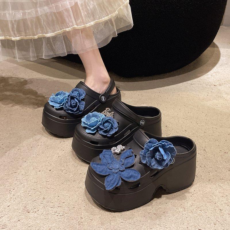 Fashion Slippers Women Summer Beach Shoes Slides Sabot Denim Floral Beach Shoes Ladies' Slippers Sabot Summer Denim Slides