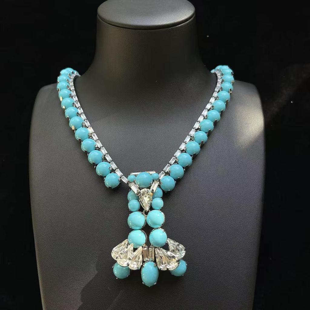 Vintage Blue Teardrop Diamond Necklace & Earrings Set with 925 Silver for Women