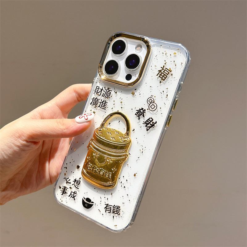 Get Rich And Get Rich Soon, Mobile Phone Case Is Suitable For Apple 17Pro Transparent Gold Foil Mobile Phone Case Iphone16 Ingot 15.