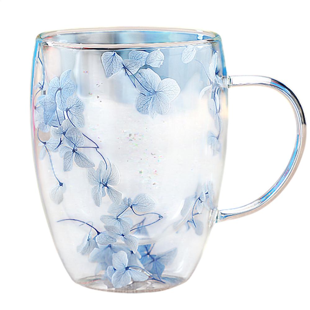 

350ml Double Wall Coffee Mug With Handles Clear Milk Cups Gifts Glass Cup Fill Artificial Simulation Flowers Teacup 350ml