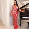 European & American Rhinestone Bodycon Spaghetti Strap Slit Dress for Nightclubs