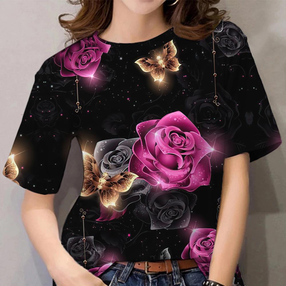 Damski T-shirt z kwiatowym nadrukiem Ubrania Harajuku Okrągły dekolt Casualowy Krótki rękaw Codzienny Y2k Bluzka Oversizeowe topy