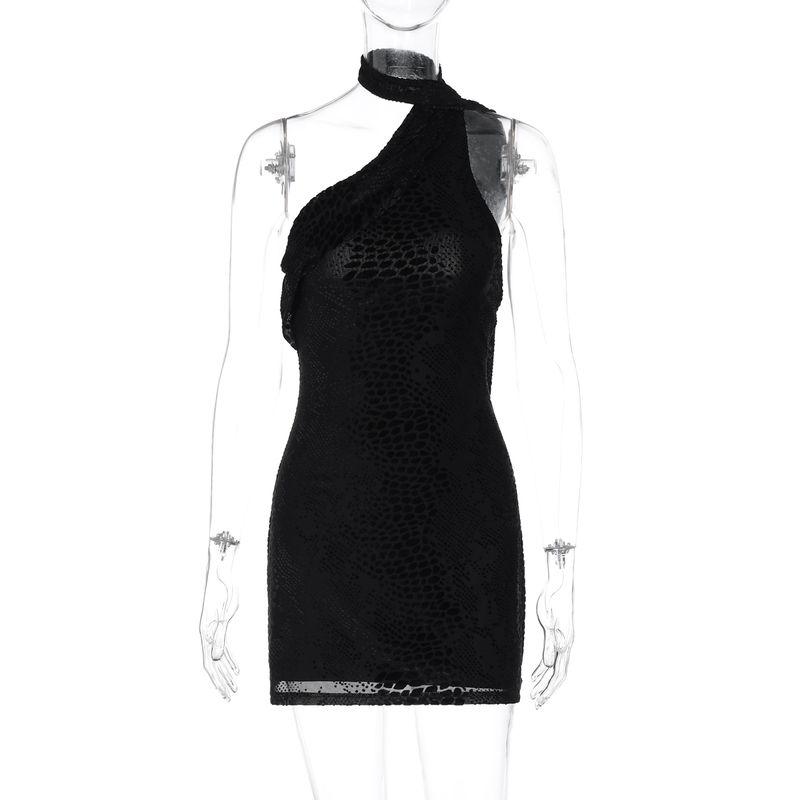 

Shemoda Fashion Style One Shoulder Halterneck Streamer Tether Backless Dress Women Elastic Silm Step Short Skirt Black S