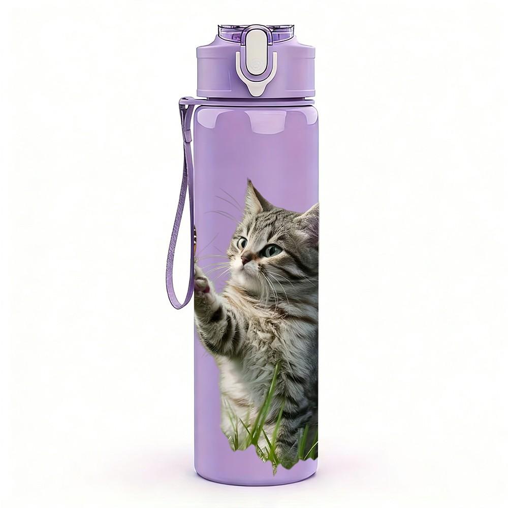 1PC Grey Tabby Kitten Cat Animal Print 750ml Color Plastic Sports Water Bottle Leakproof Flip Straw Lid Suitable for Sports Office Home Use