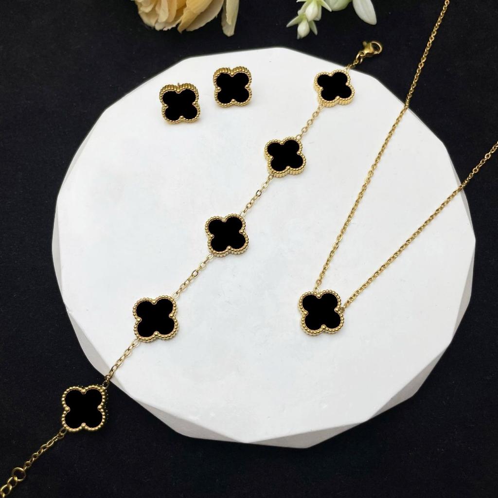 Set din trei piese colier, brățară și cercei trifoi cu patru foi de 13 mm, din oțel titan, set de bijuterii cu două fețe