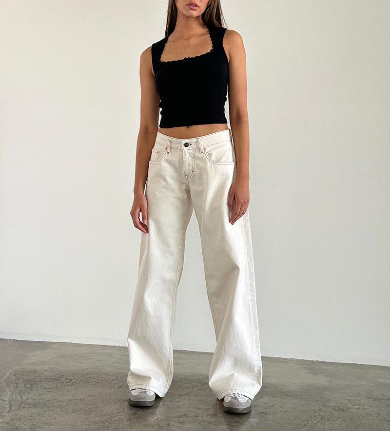 Women's Retro Low Waist Washed Straight Leg Jeans - Wide Leg Autumn Denim Pants