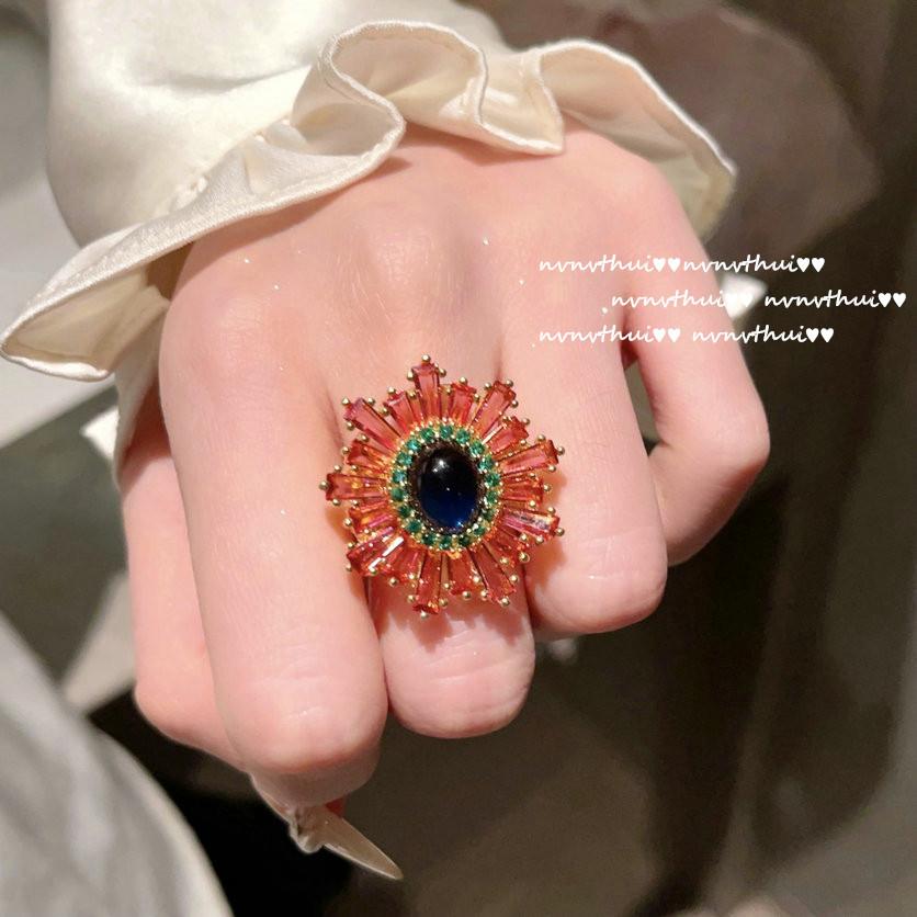 Мексиканский Космос Цветок-камень Кольцо Винтажное Позолоченное 18K Золотом, Гранатово-красный Циркон Капля Воды Ожерелье