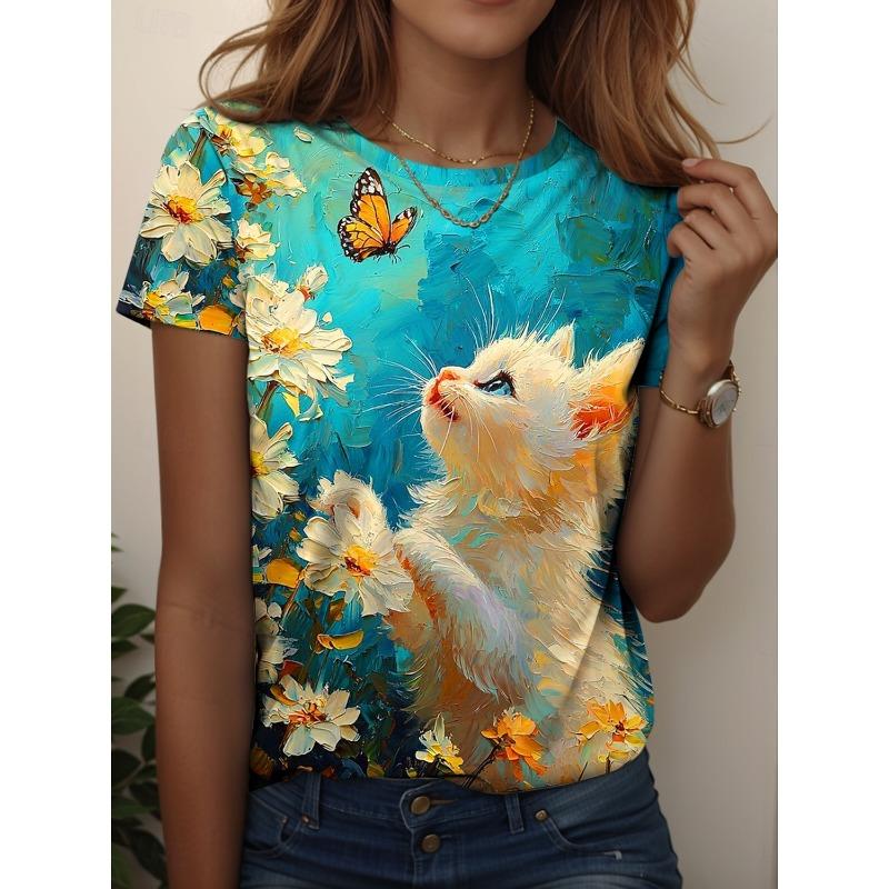 Summer Fashion Women's Animal T Shirt Stylish Kawaii Cat Printed Casual Short Sleeve Crew Neck Tees Round Neck Regular Tops