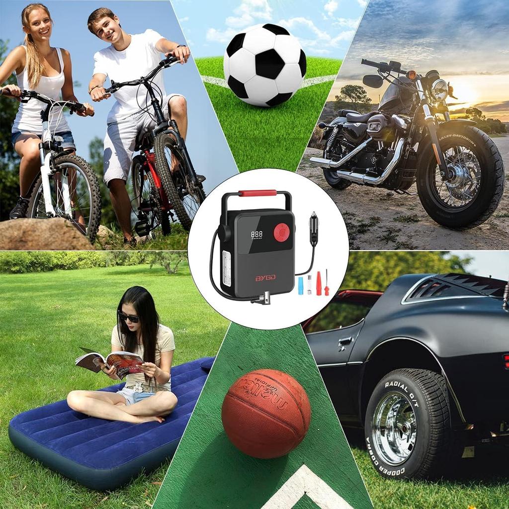 Compresor de aer pentru pneuri, DC 12V portabil pentru mașină, pompă digitală pentru anvelope cu mâner portabil și lumină LED pentru anvelope auto și alte bărci gonflabile