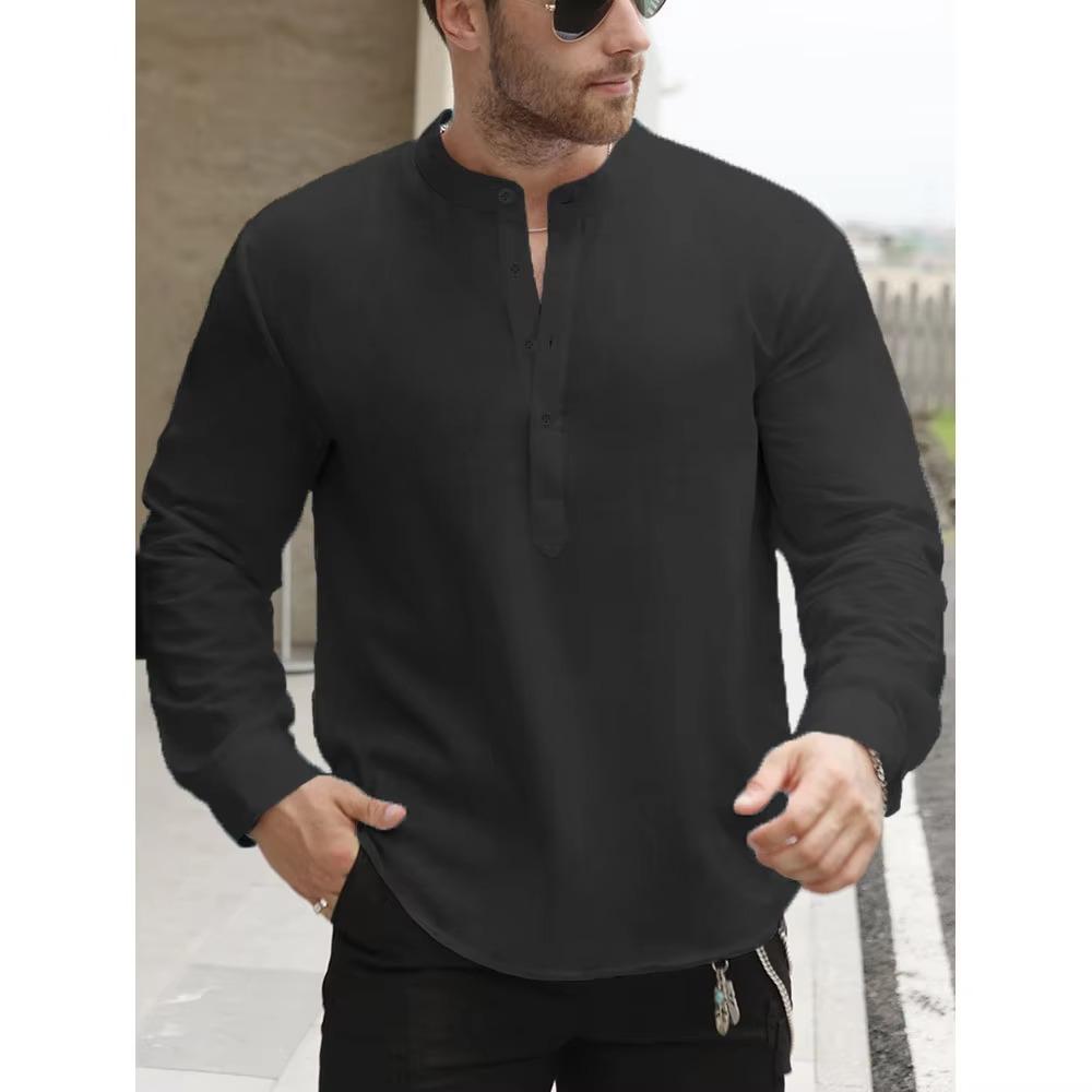 Prémiová bílá bavlněná lněná henley trička pro muže Lehká s dlouhým rukávem Ležérní streetwear pro každodenní nošení