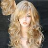 Peluca de mujer con flequillo inclinado y rizado largo dorado sexy, peluca de pelo sintético para fiesta, Cosplay
