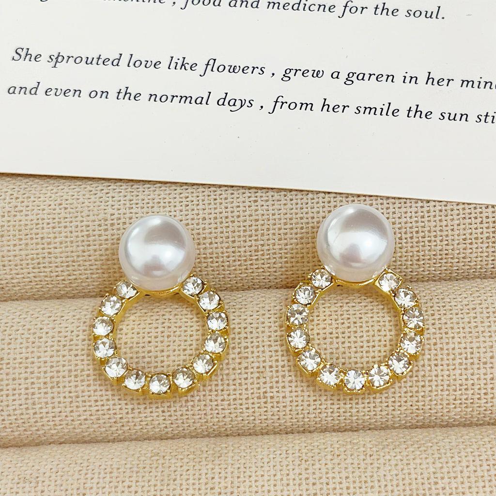 Korean Style Rhinestone Circle Pearl Women's Stud Earrings – Elegant Daily Wear