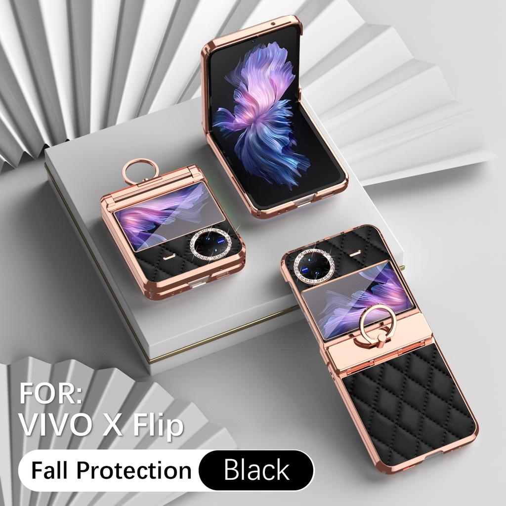 Luxury Fashion Diamonds Leather Plating Ring Holder Phone Case For Vivo X Flip Hinge Full Protection Cover