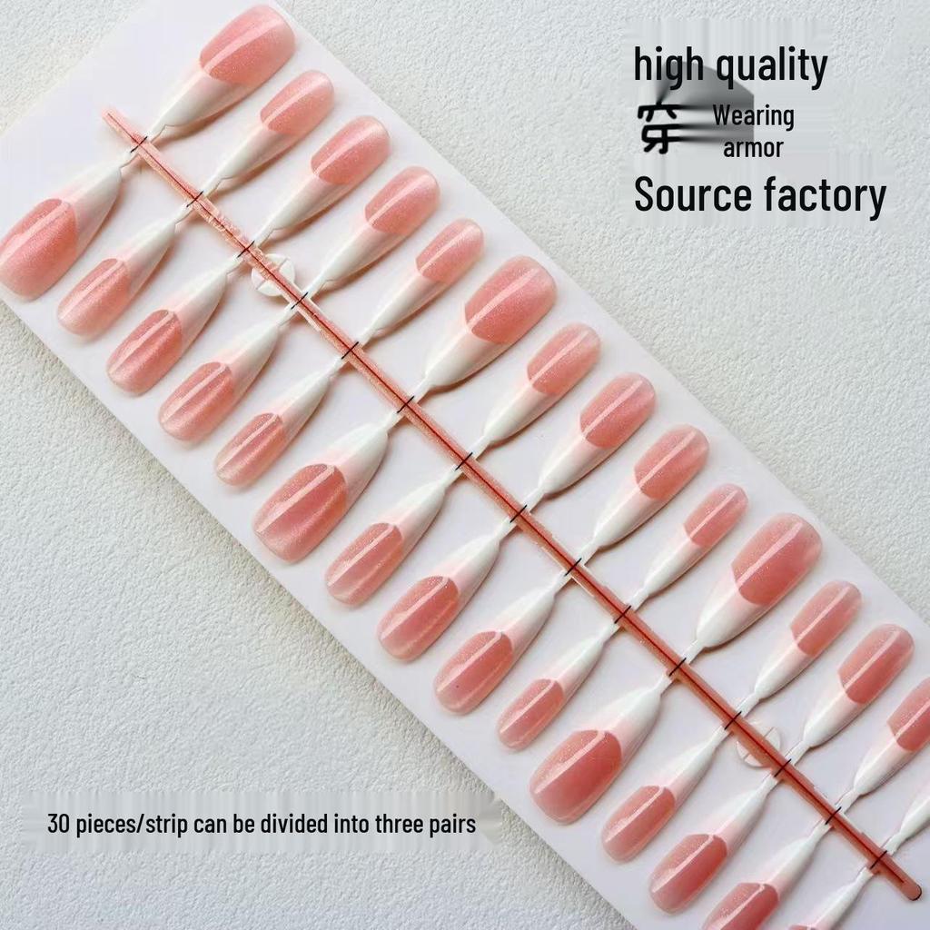 French Ice Translucent Cat Eye Almond Wearable Long Nails - Nude Whitening High-Grade Removable Nail Art Tips
