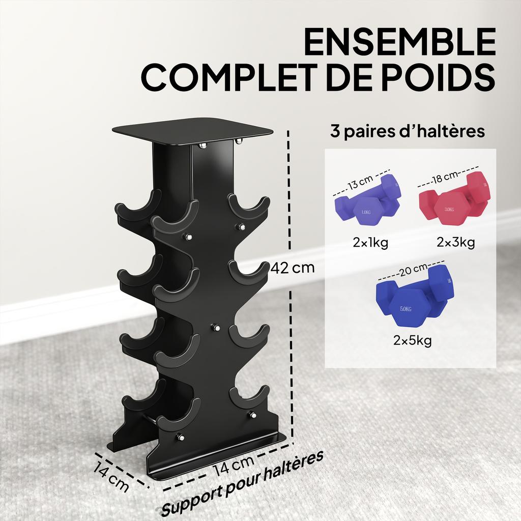 Hexagonal Dumbbells Set of 3, 2 X 1 Kg, 2 X 3 Kg, 2 X 5 Kg, Stand, Non-Slip Handles