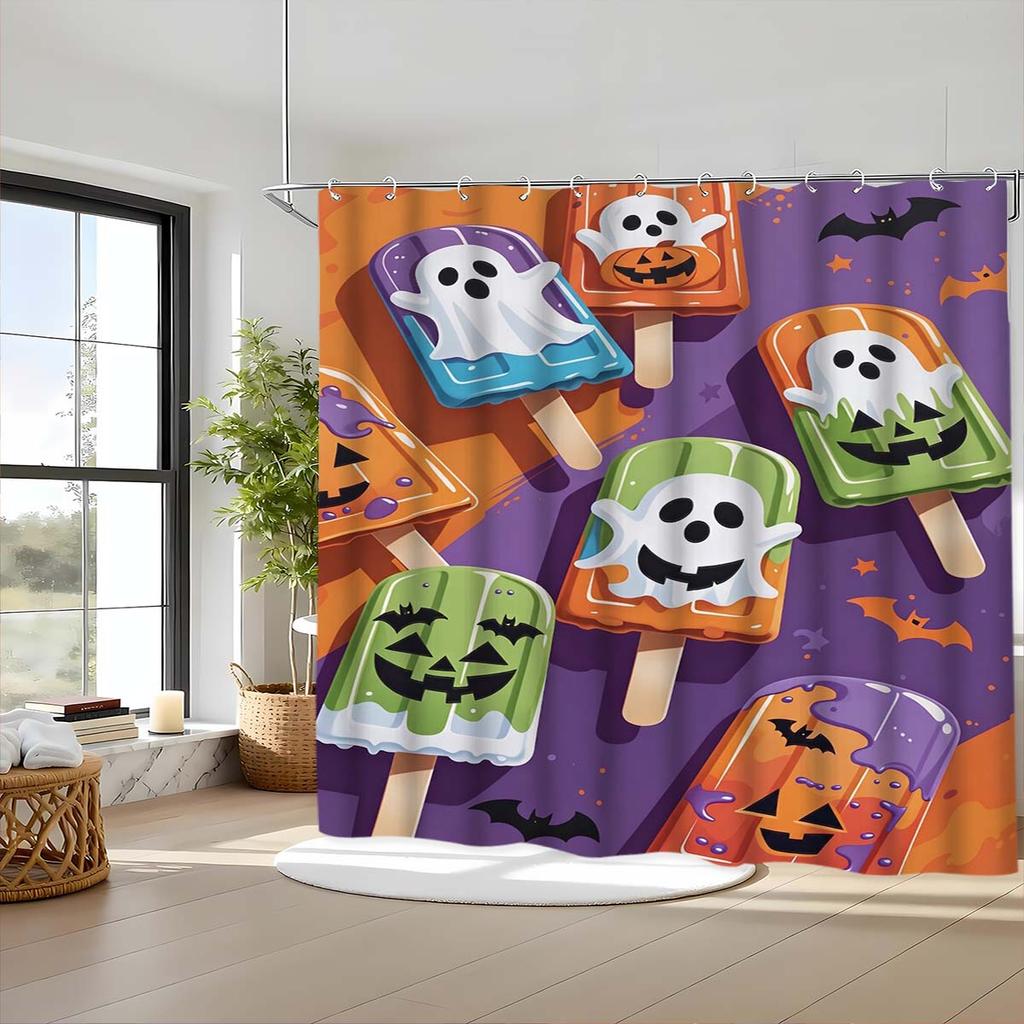 Halloween Pumpkin Ghost Skeleton Polyester Shower Curtain Bathroom Curtain Easy Install Durable Fade Resistant Customized Modern