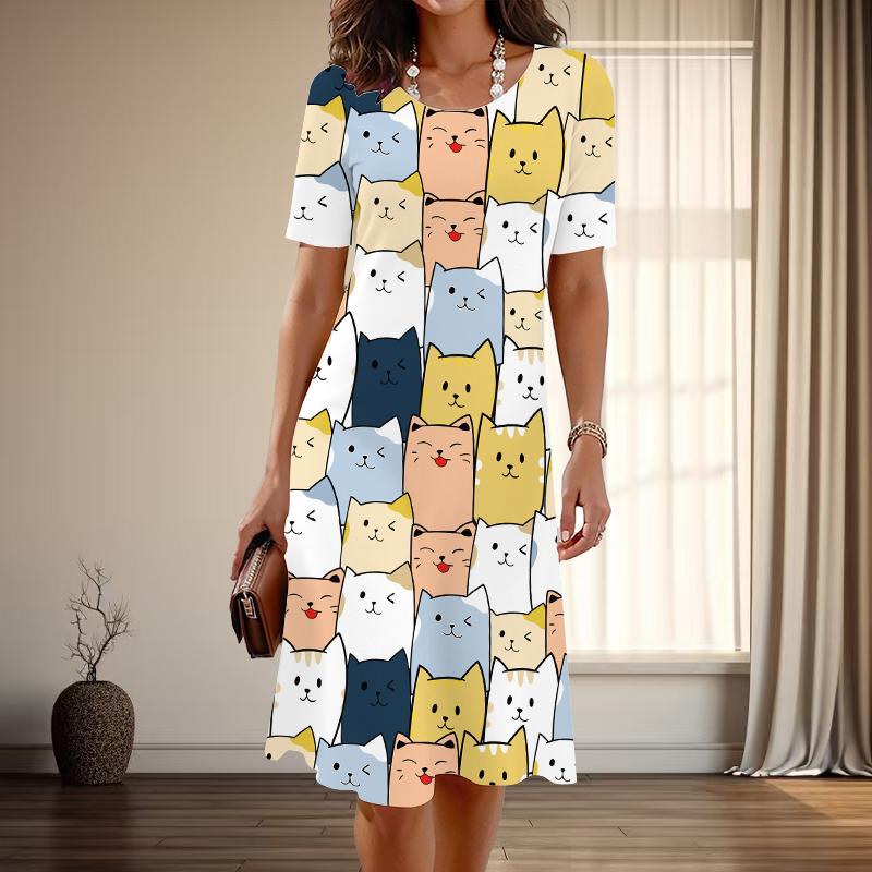 Women's Fashion Graceful Kitten Print Summer Spring Short Sleeve O-Neck Casual Dresses
