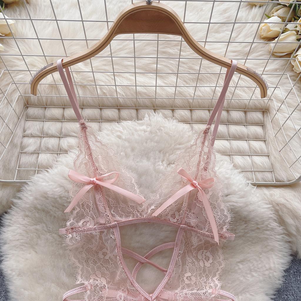 Mesh Sexy Lace Camis Nightwear Rompers Women Solid Hollow Out Open Crotch Lingerie Playsuits Female Backless Sheer Sensual Slim Bodysuits 2024