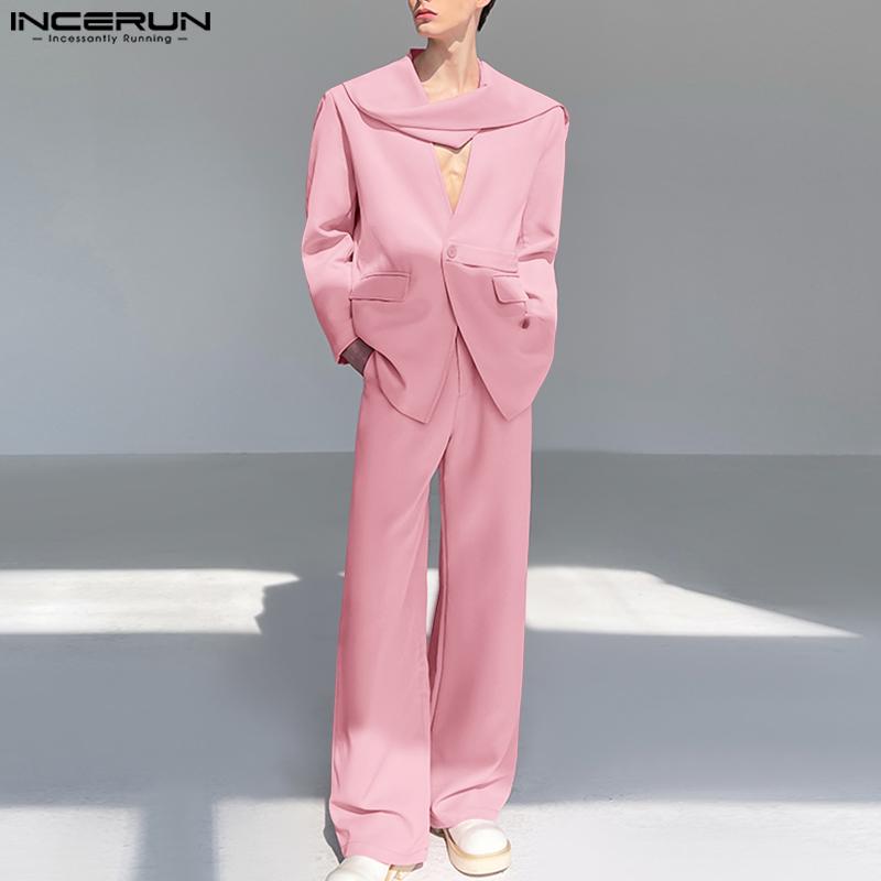 INCERUN Two Pieces Outfits Men Long Sleeve Layers Thin Blazer Long Straight Pants Party Sets