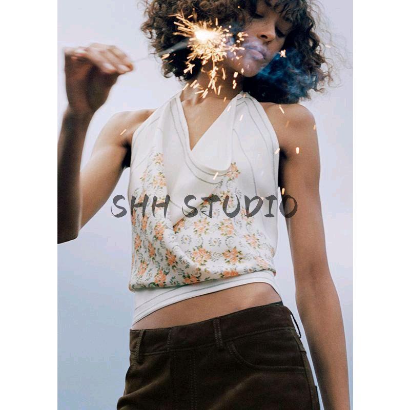 Spring New Women's Clothing Beach Seaside Halterneck Silk Satin Texture Print Bowknot Decoration Tops 2639915
