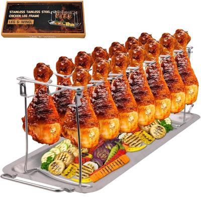 Foldable Stainless Steel BBQ Chicken Leg Rack with 14 Slots and Base Tray