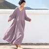 Johnature Women Vintage Dress Spring Chinese Style Solid Color V-Neck Long Sleeve Robes Patchwork Dresses
