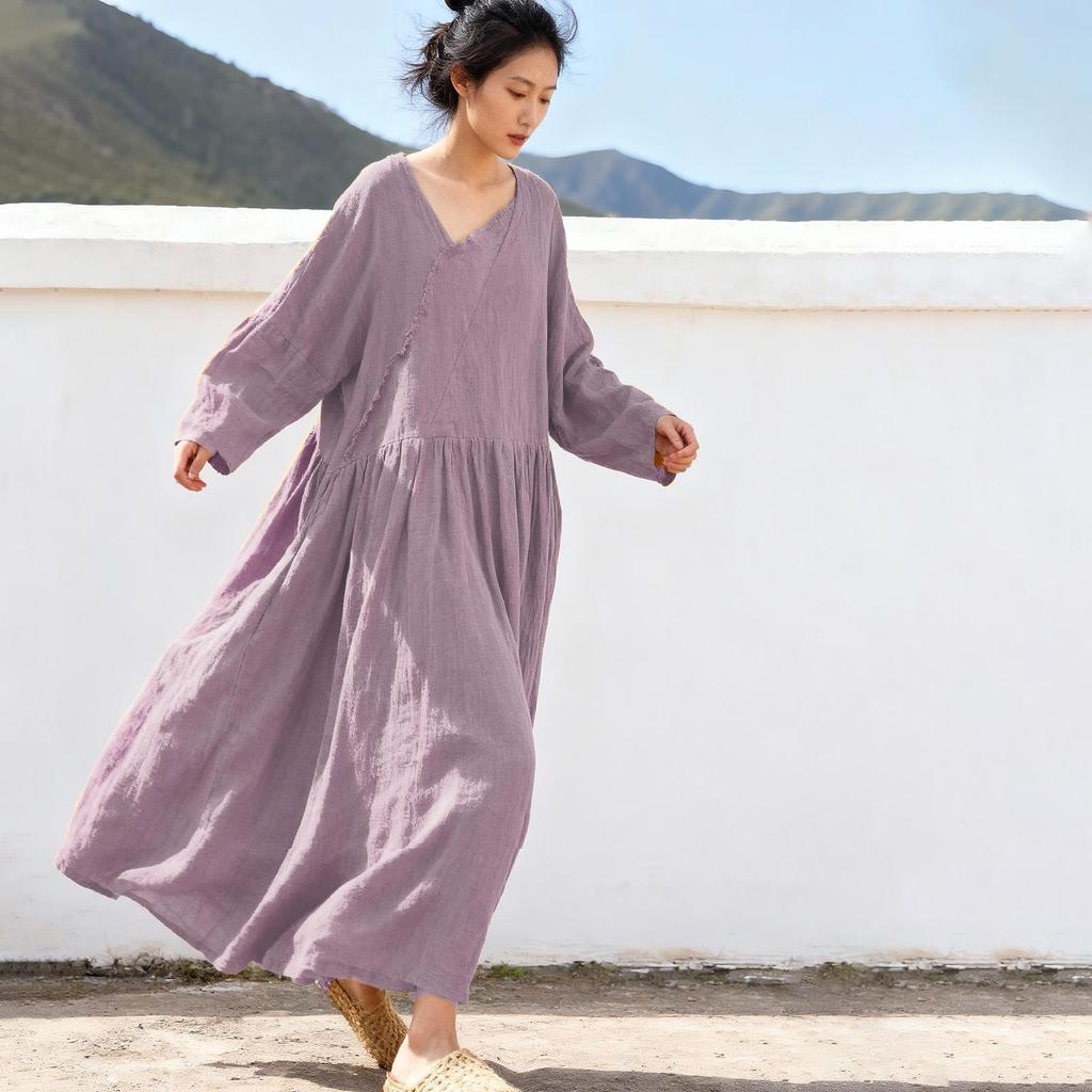 Johnature Women Vintage Dress Spring Chinese Style Solid Color V-Neck Long Sleeve Robes Patchwork Dresses