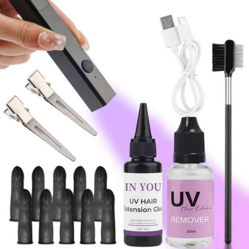 

Набор для УФ наращивания волос: Быстросохнущий водостойкий клей, УФ-лампа и средство для снятия, Невидимые соединения, Салонное и домашнее использование, Долговечный A set