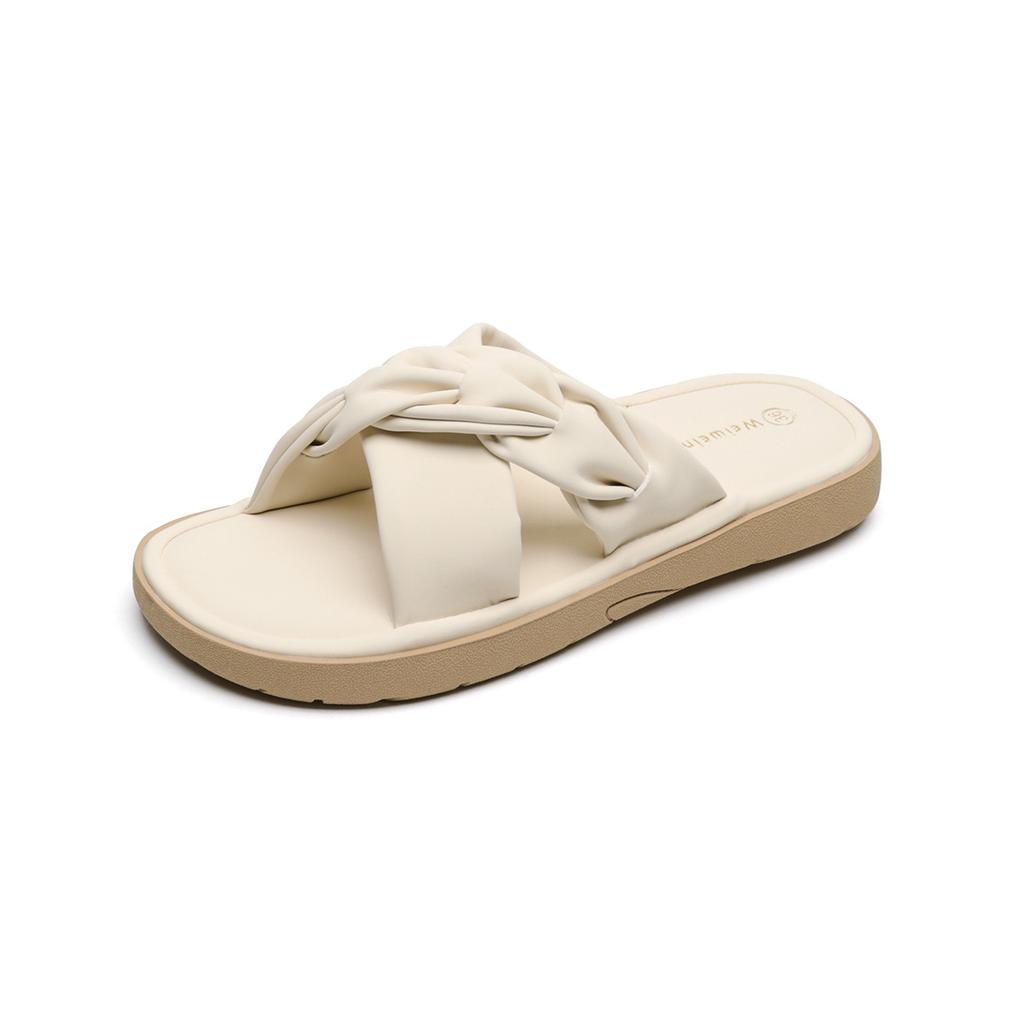 French pleated cross with thick-soled one-word cool slippers 2025 new square head versatile vacation beach flat sandals