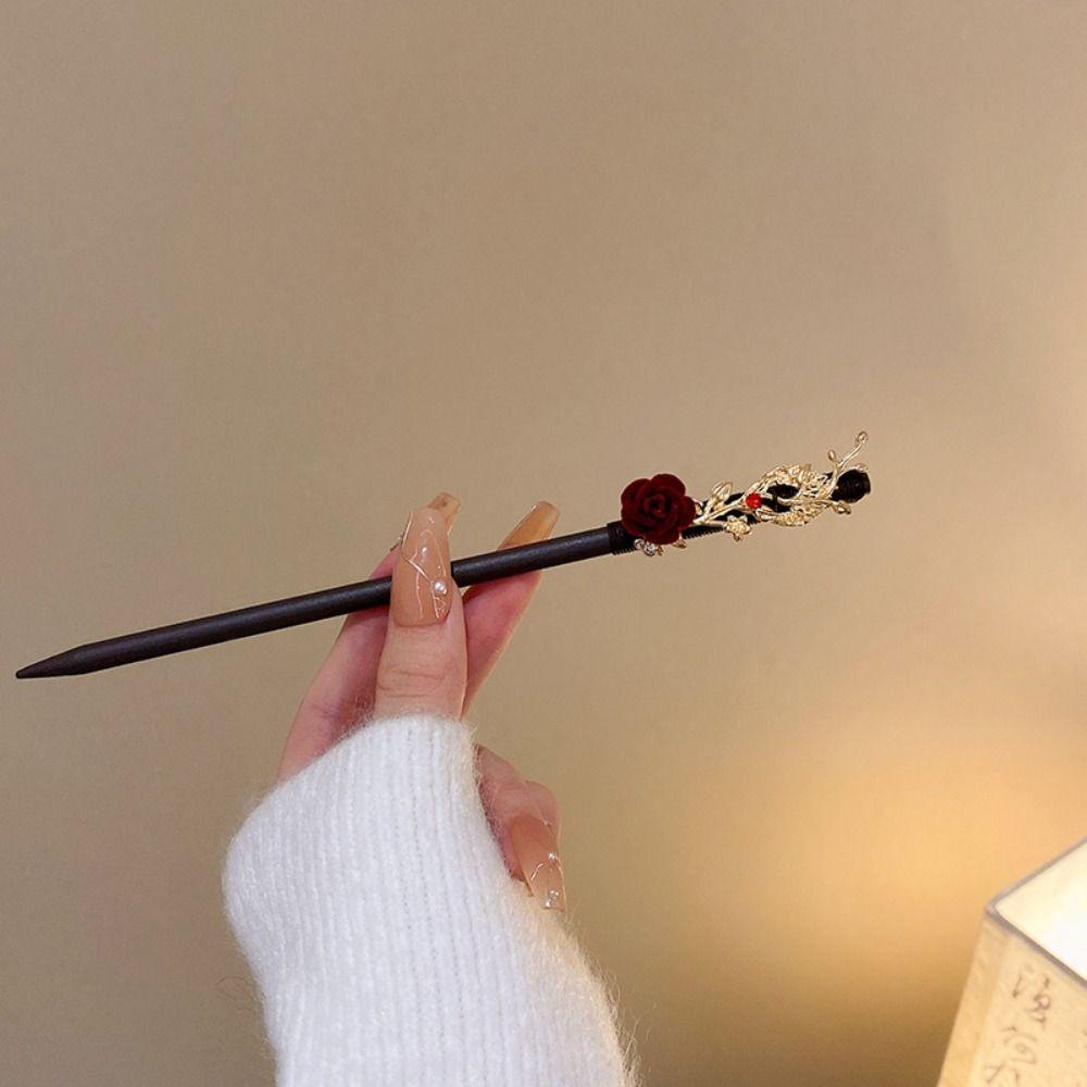 Vintage Red Rose Fringe Hairpin Fashion Chinese Hairpin Headwear Retro Red Hair Stick  Disk Hair