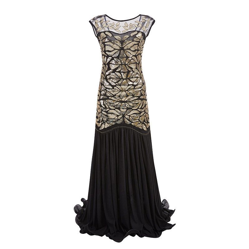 1920S Vintage Evening Gown with Sequins, Beading, Mesh, and Ruffled Hem, Floor-Length Dress