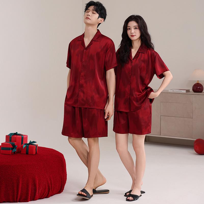 Spring and summer pajamas wedding couple suit ice silk short-sleeved shorts red natal year festive loungewear women