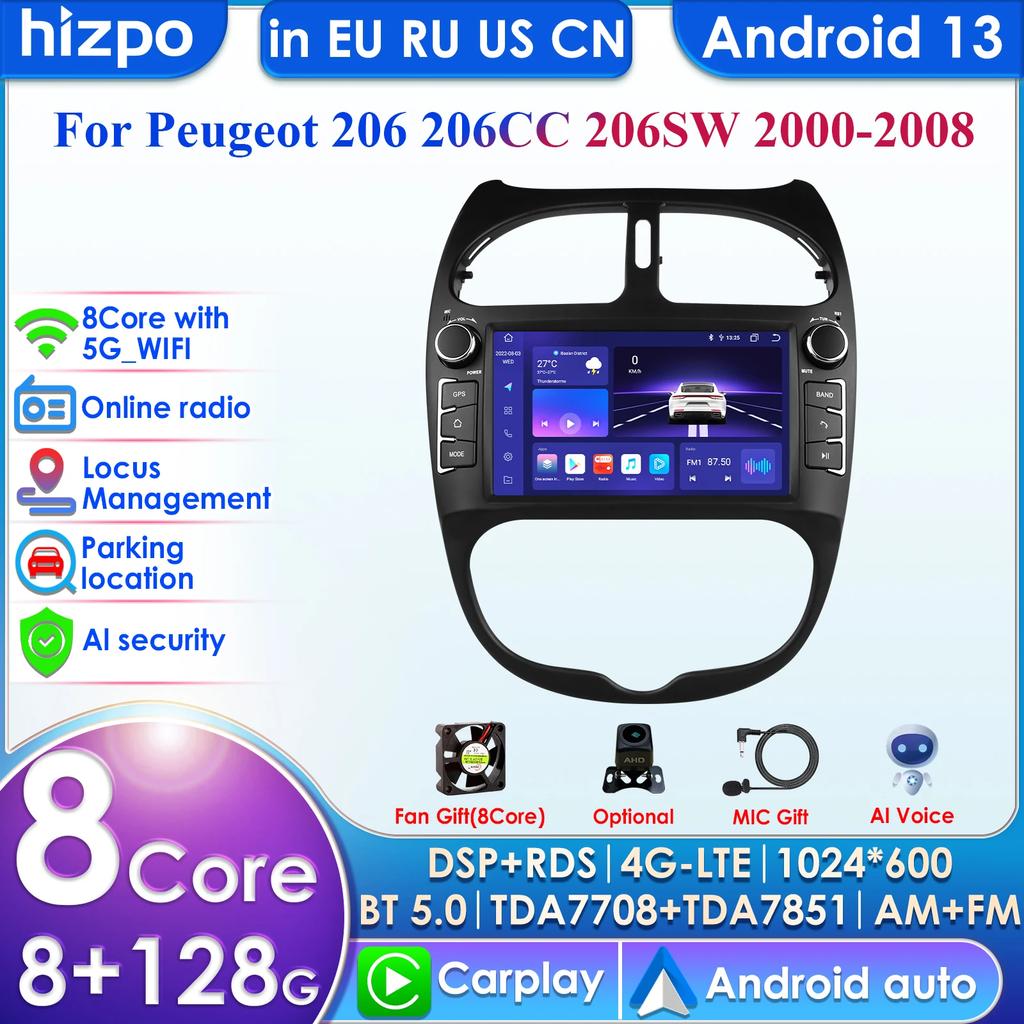 Hizpo Intelligent 7inch Android Car Radio for Peugeot 206 206SW 206CC Car Stereo Screen Multimedia Player Carplay Audio 2DIN Headunit 2000 - 2008
