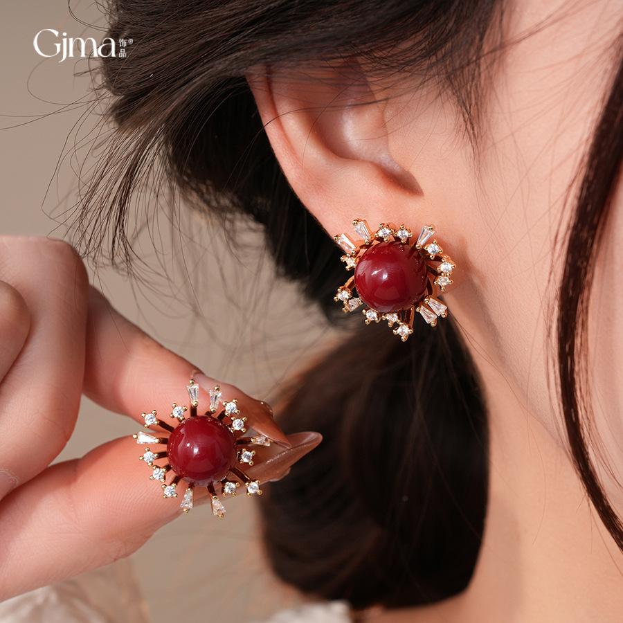 New Year's red resin zircon fireworks stud earrings sweet versatile earrings women
