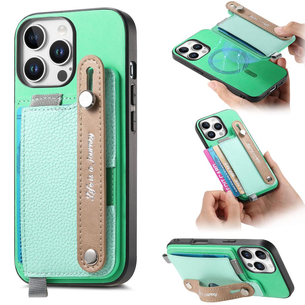 For iPhone 16 Pro Magnetic Leather Back Case with Detachable Card Holder and Wristband