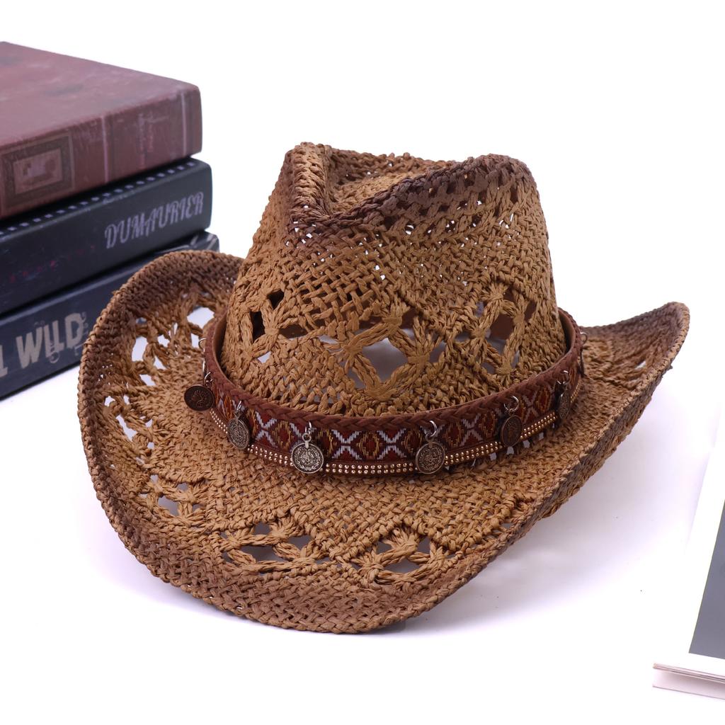 Multicolor Malan Paper Rope Hollow Western Cowboy Hat Hand-woven Sun Straw Hat Sun Protection Hat